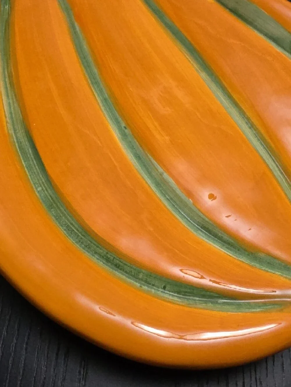 Festive Orange Ceramic Pumpkin Serving Platter with Green Accent - Picture 5 of 10